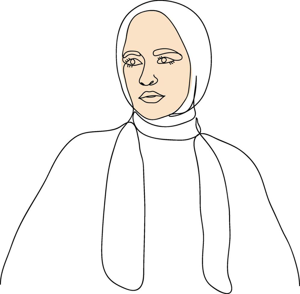 Dames portret in lijn kunst illustratie. hijab vrouwen lijn kunst. vrouw portret in hijaab. moslim dame draagt een hijab in lijn kunst illustratie. vector