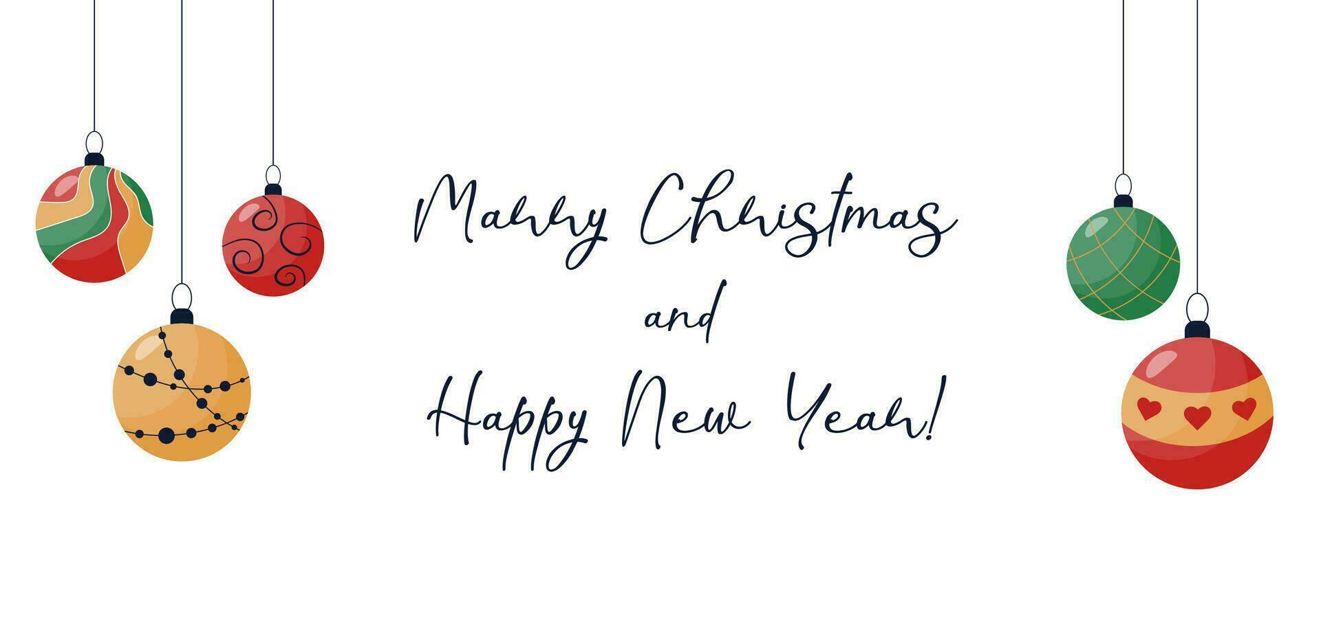 Kerstmis banier met hangende hand getekend Kerstmis boom speelgoed, rood, groente, goud, geïsoleerd Aan een wit achtergrond, met de opschrift vrolijk Kerstmis en gelukkig nieuw jaar. groet, decoratie, vector. vector