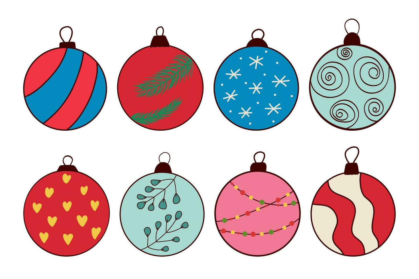 reeks van hand geschilderd Kerstmis ballen, roze, rood, blauw, groente, geïsoleerd Aan een wit achtergrond. voor kaarten, decoraties, decoratie. vector illustratie.