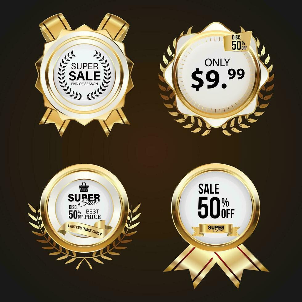 luxe gouden uitverkoop badges en etiketten. retro wijnoogst uitverkoop cirkel insigne ontwerp vector