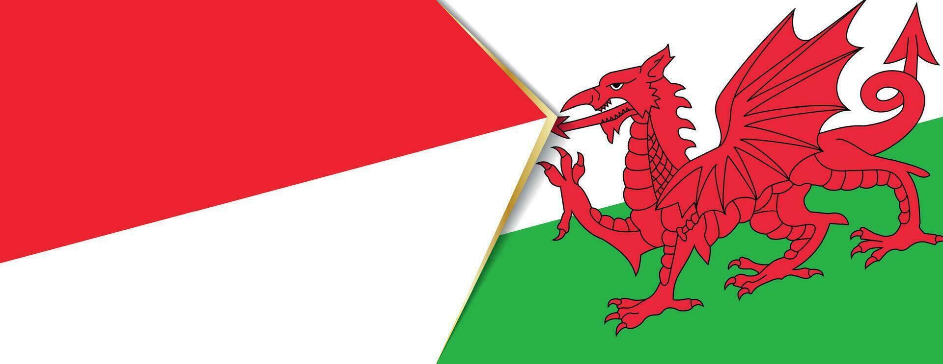 Indonesië en Wales vlaggen, twee vector vlaggen.