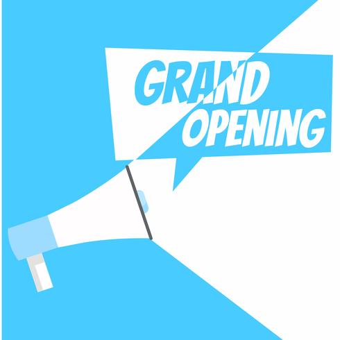 Grootse opening banner. Grammofoon met tekst, op een witte blauwe achtergrond. Platte vectorillustratie vector