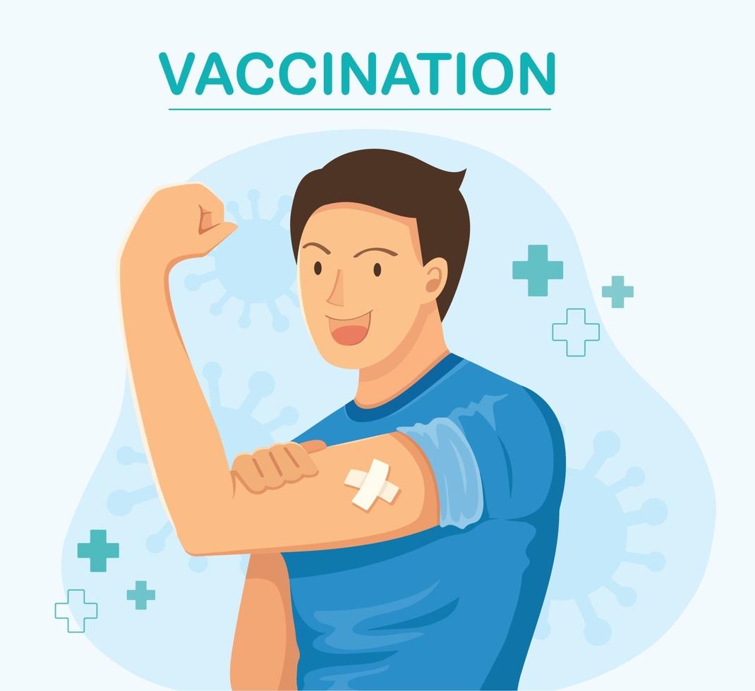 man toont gevaccineerd. vaccinatie concept. vector illustratie