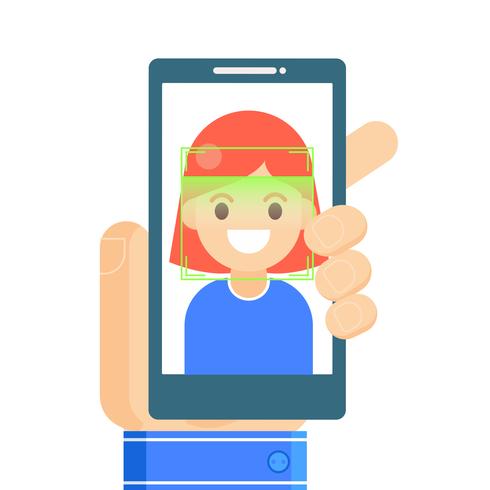 Gezichtsherkenning en mobiele identificatie. Jonge vrouw die haar smartphone, of app opent. Platte vectorillustratie vector