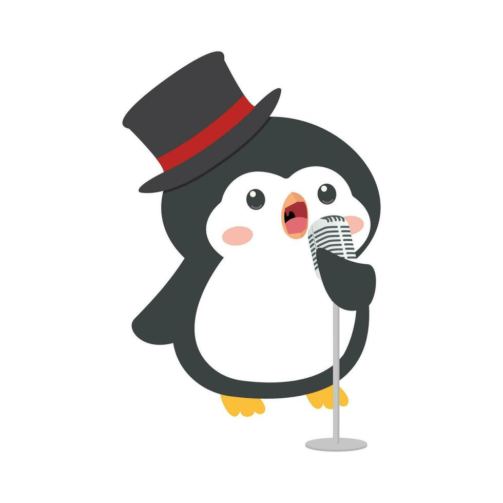 schattig pinguïn Holding microfoon zingen vector