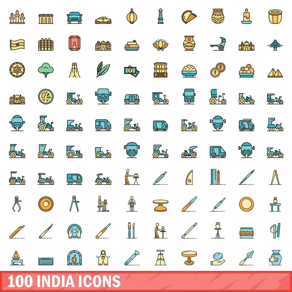 100 Indië pictogrammen set, kleur lijn stijl vector
