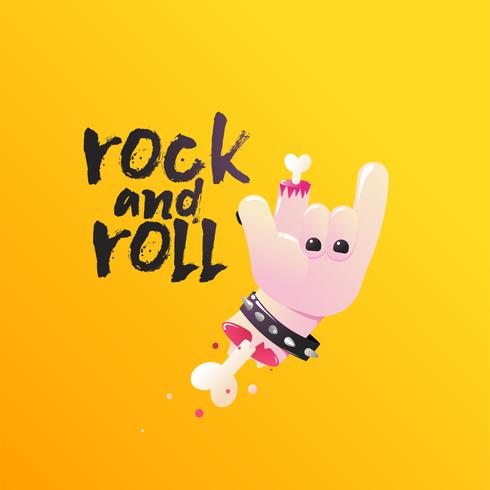 Rock and Roll. Hand toont teken van de hoorns met botten en bloed. Vector cartoon illustratie