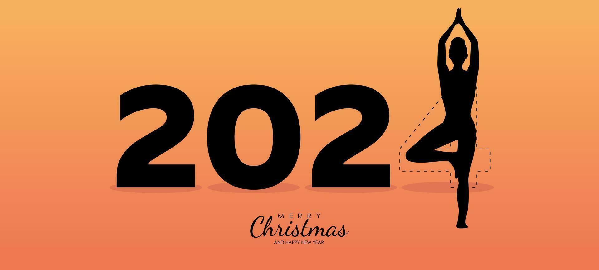 gelukkig nieuw jaar kaart 2024. silhouet van gezond meisje aan het doen yoga boom houding Aan de zonsondergang lucht achtergrond, vrouw beoefenen yoga net zo een een deel van de aantal 2024 teken. vector illustratie