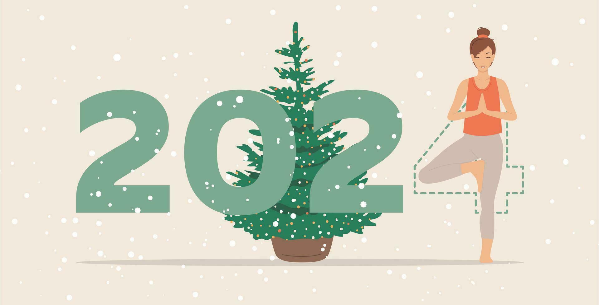 gelukkig nieuw jaar kaart 2024. jong meisje aan het doen yoga houding in voorkant van de Kerstmis boom. vrouw beoefenen yoga net zo een een deel van de aantal 2024 teken. vector banier of illustratie