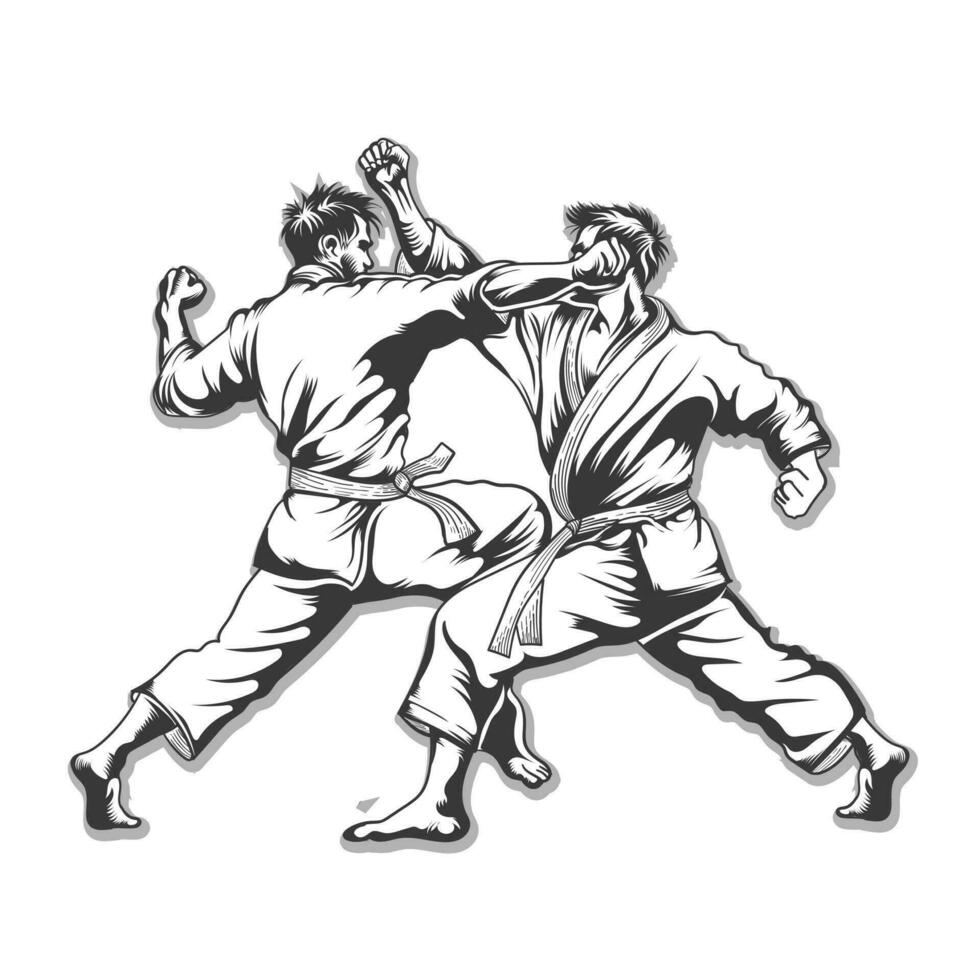 karate vechter beslag met twee Mens vector ontwerp zwart en wit.