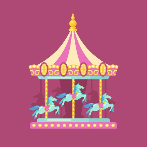 Funfair carnaval vlakke afbeelding. Pretparkillustratie van een roze en gele carrousel met paarden bij nacht vector