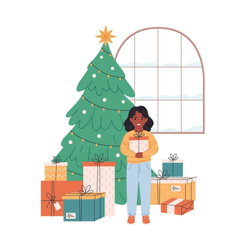 zwart meisje staand met geschenk dozen en vieren Kerstmis of nieuw jaar. Kerstmis boom met presenteert. vector