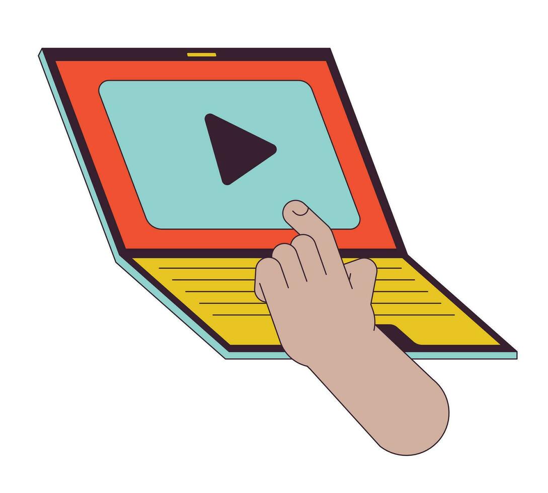 aan het kijken streaming platform Aan laptop lineair tekenfilm karakter hand- illustratie. gebruik makend van video speler Aan notitieboekje schets 2d vector afbeelding, wit achtergrond. vermaak bewerkbare vlak kleur clip art