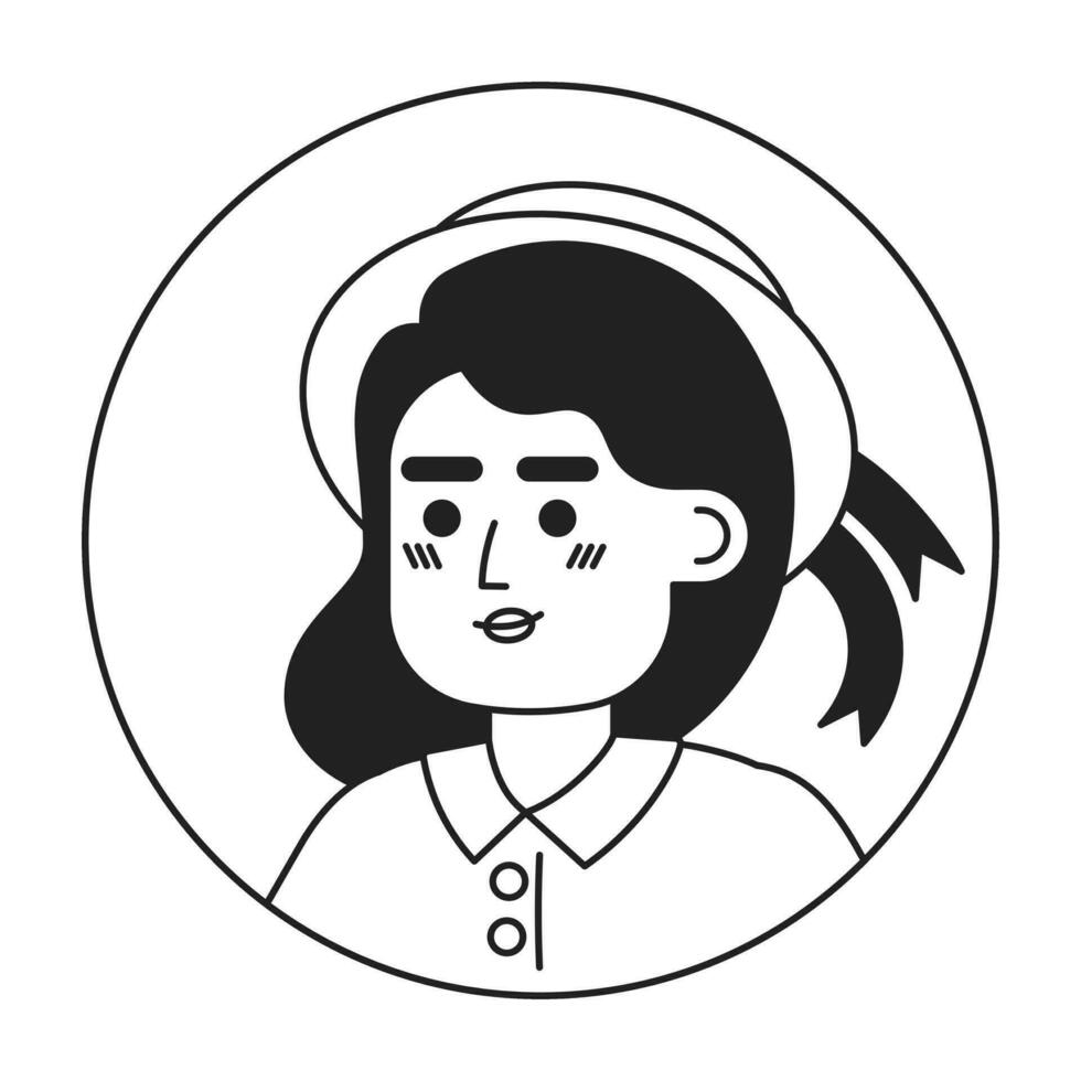 zomer hoed vrouw Kaukasisch mooi glimlachen zwart en wit 2d vector avatar illustratie. hoofdschot gewoontjes Europese jong schets tekenfilm karakter gezicht geïsoleerd. ontspannen houding vlak gebruiker profiel beeld