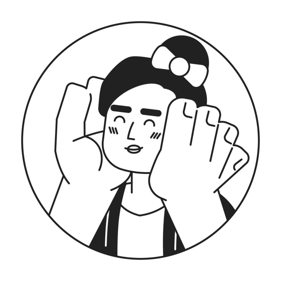Kaukasisch jong vrouw handen Aan wangen glimlachen zwart en wit 2d vector avatar illustratie. wit meisje cupping gezicht gelukkig schets tekenfilm karakter gezicht geïsoleerd. in liefde vlak gebruiker profiel beeld