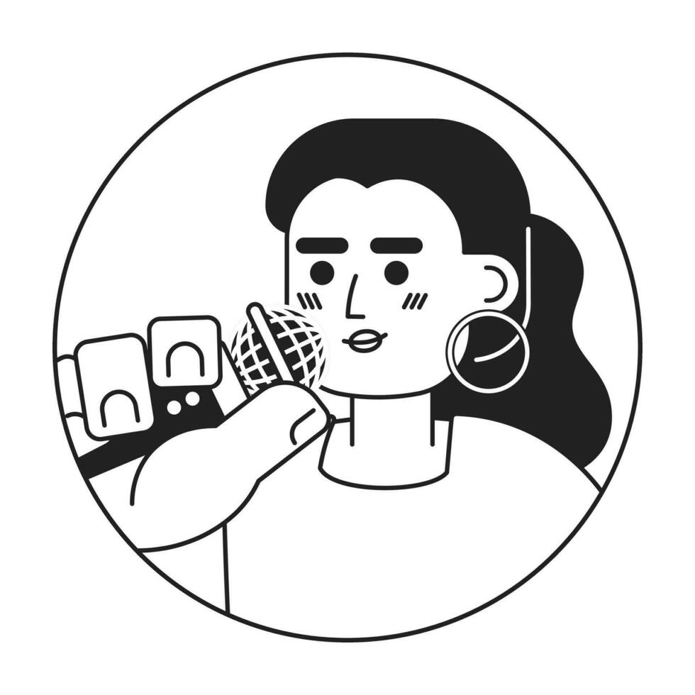 hoepels Kaukasisch vrouw zanger spreker zwart en wit 2d vector avatar illustratie. Europese vrouw sprekend in mic schets tekenfilm karakter gezicht geïsoleerd. Mike omroeper vlak gebruiker profiel beeld