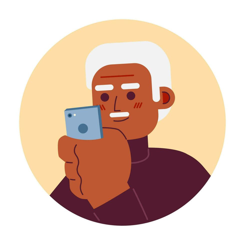 snor Afrikaanse Amerikaans oud Mens op zoek Bij telefoon 2d vector avatar illustratie. Holding mobiel ouderen zwart vent tekenfilm karakter gezicht. sociaal media vlak kleur gebruiker profiel beeld geïsoleerd Aan wit