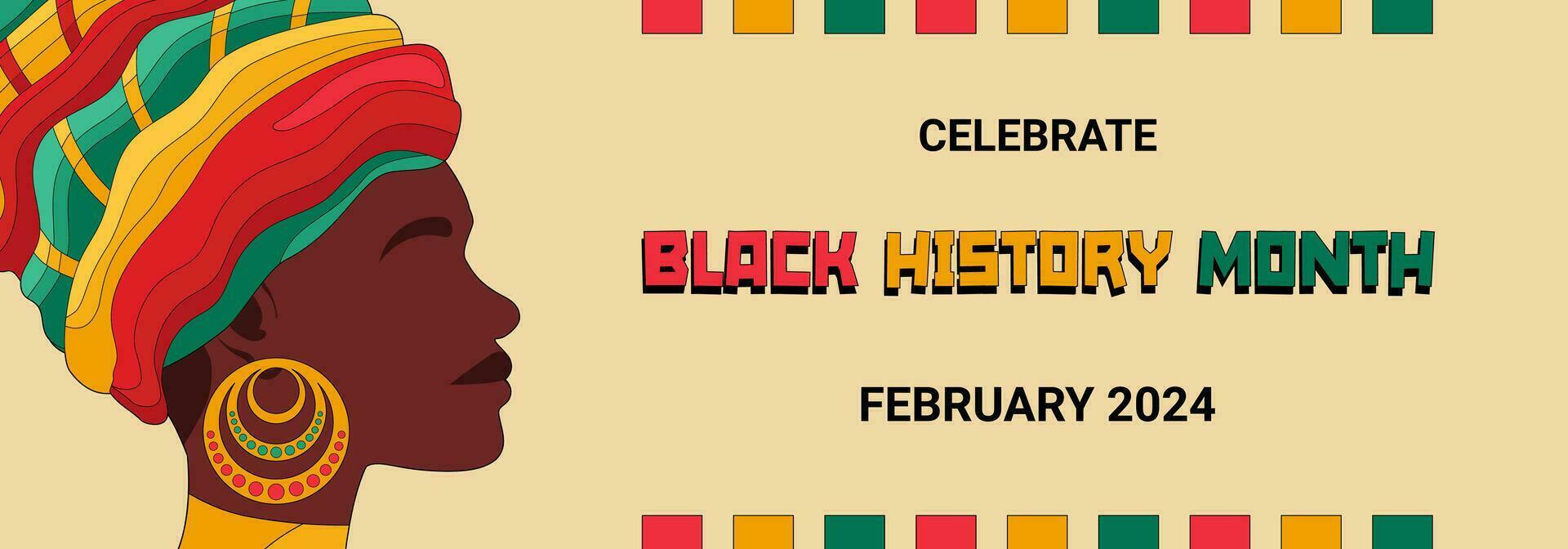 zwart geschiedenis maand banier met zwart vrouw gezicht profiel en tekst met nationaal kleur van Afrika vlag, zwart geschiedenis maand viering poster. vector illustratie.