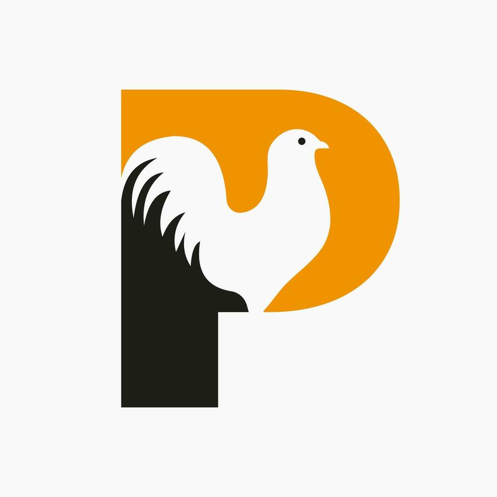 brief p gevogelte logo met kip symbool. haan logo, kip zucht sjabloon vector