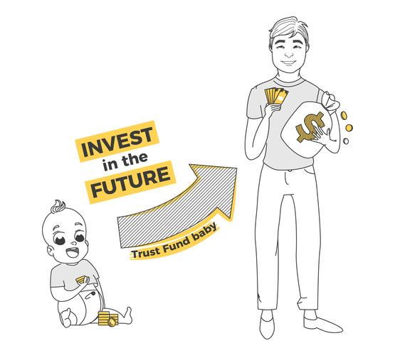 Trustfonds voor baby. Investeer in de toekomst van uw kind. Groei van kapitaal voor universiteit en bedrijfsleven. Vector lijn kunst illustratie