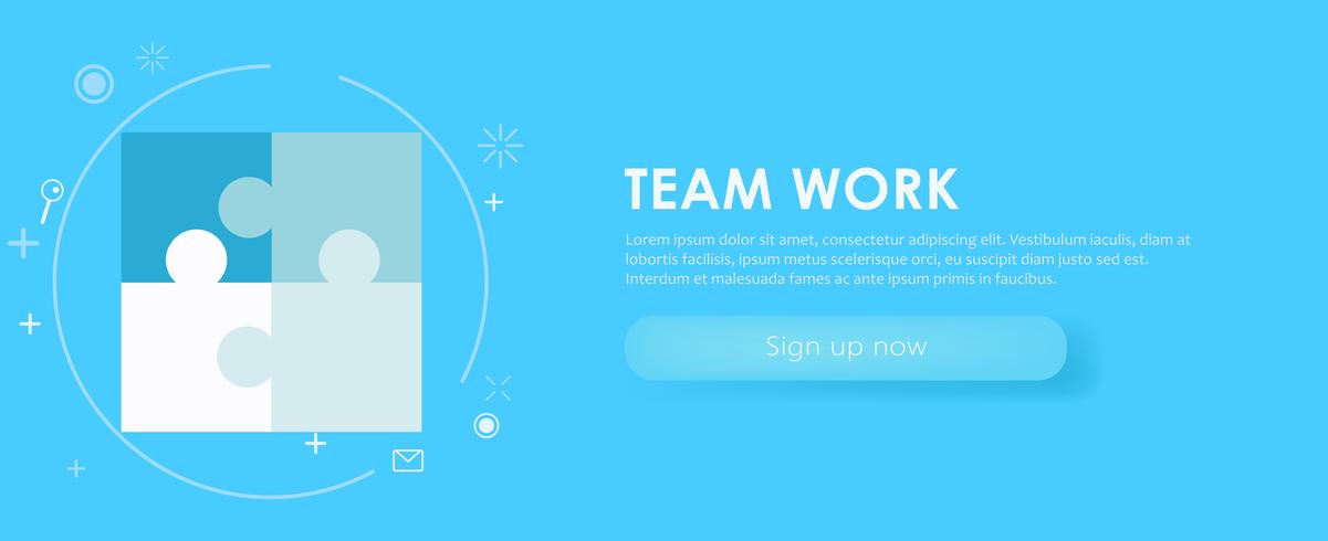 Team werk banner. Wit blauw met beschilderde puzzels. Platte vectorillustratie vector