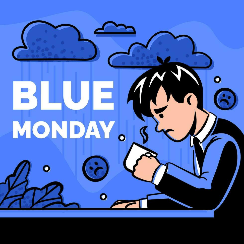 blauw maandag illustratie met een van streek kantoor werknemer drinken koffie Bij de tafel. vector