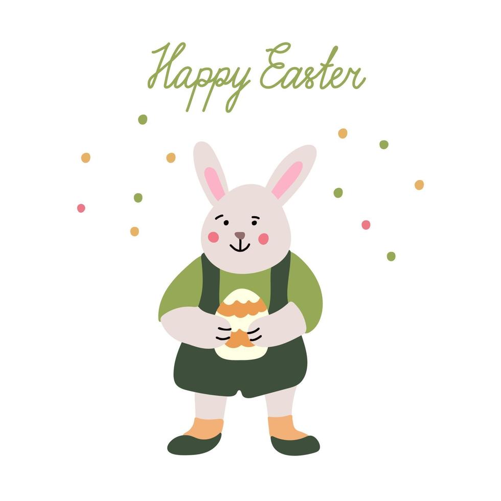 vrolijke paaskaart met een schattig klein konijntje met ei vector