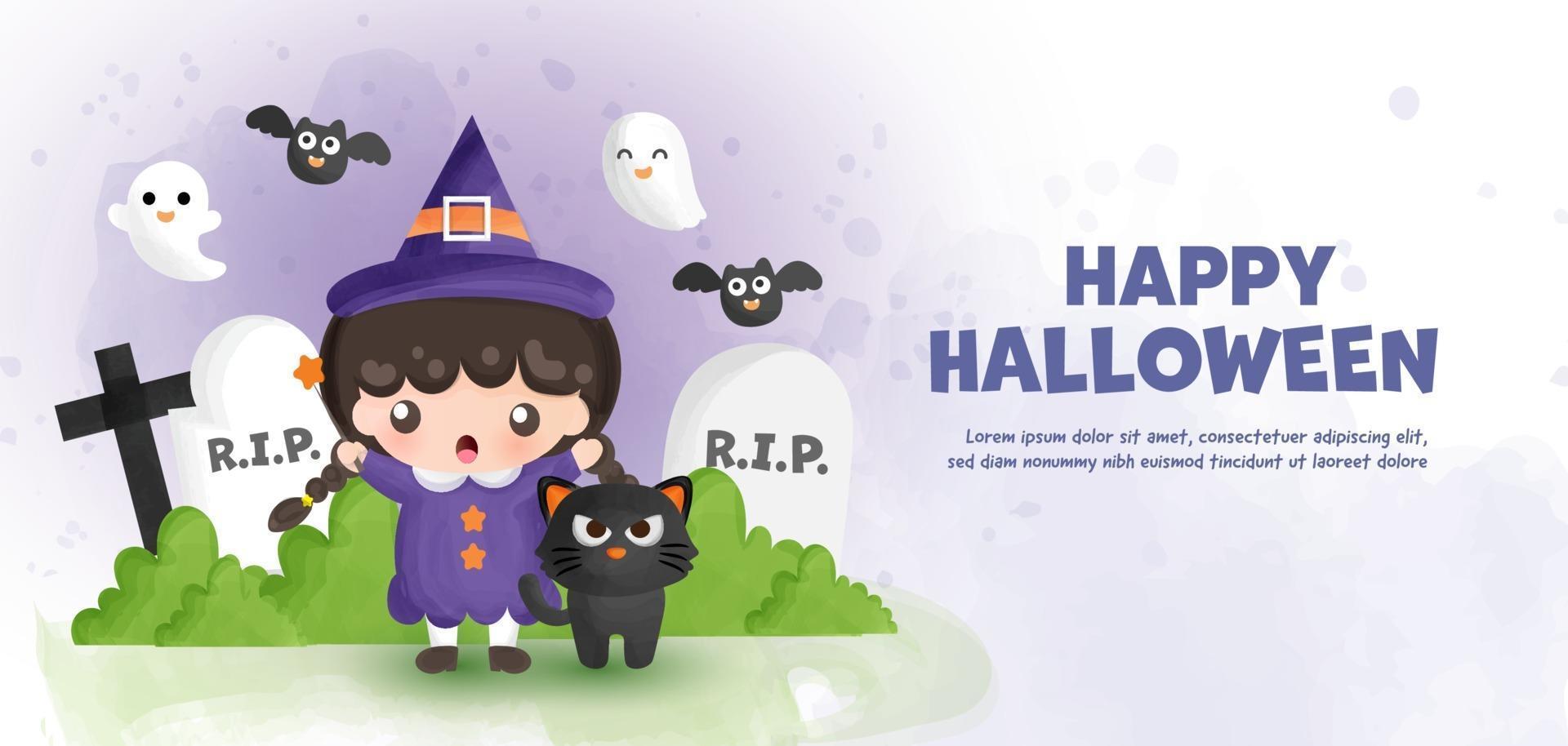 happy halloween-banner met schattige heks vector
