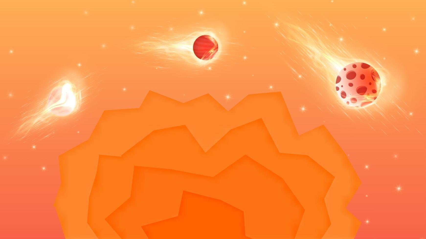 zonsondergang oranje achtergrond met sterren en planeet zonsondergang op de grond vector