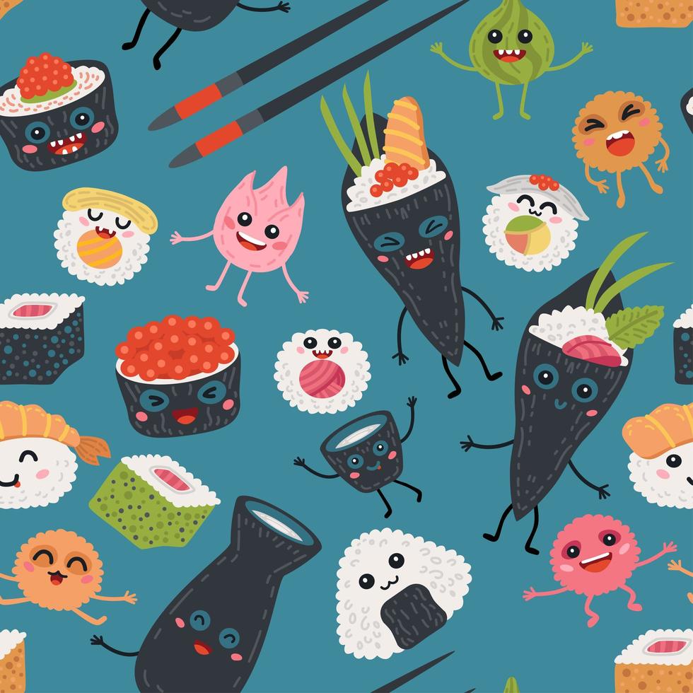naadloze patroon kawaii broodjes en sushi achtergrond vector