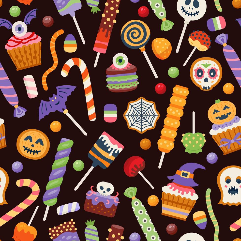 Halloween naadloos zoet patroon met schattige snoepjes vector
