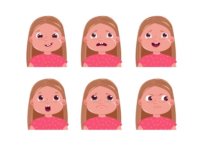 Meisje karakter emotie sticker set. Het gezicht van het kind is droevig en gelukkig en bang. cartoon afbeelding vector