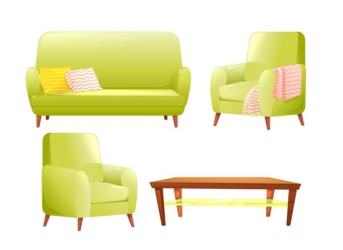 Meubels ontwerpset. Moderne bank en stoelen met een deken, kussens en naast een houten salontafel. Vector cartoon illustratie