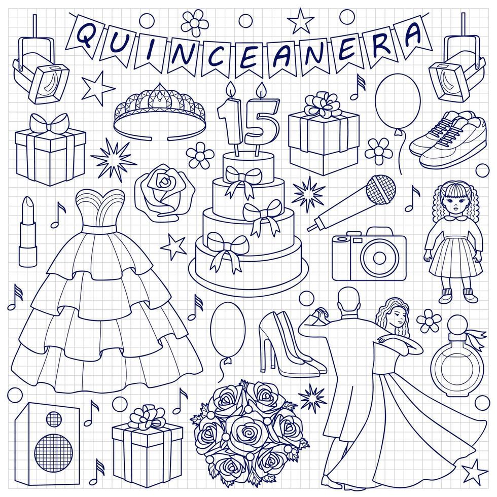 quinceanera doodle set vector