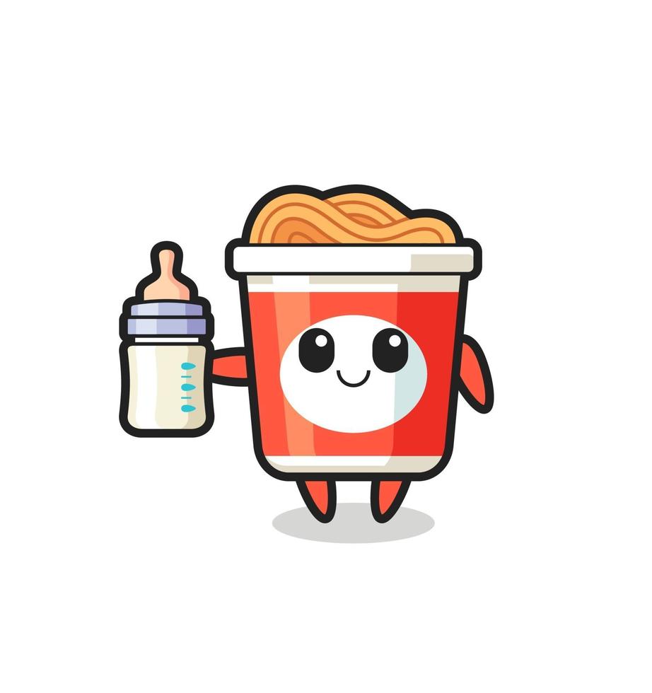 baby instant noodle stripfiguur met melkfles vector