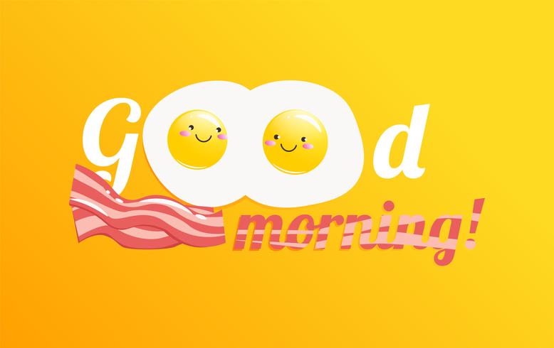 Goede morgen banner. Klassiek smakelijk ontbijt van eieren en bacon. Vector cartoon illustratie