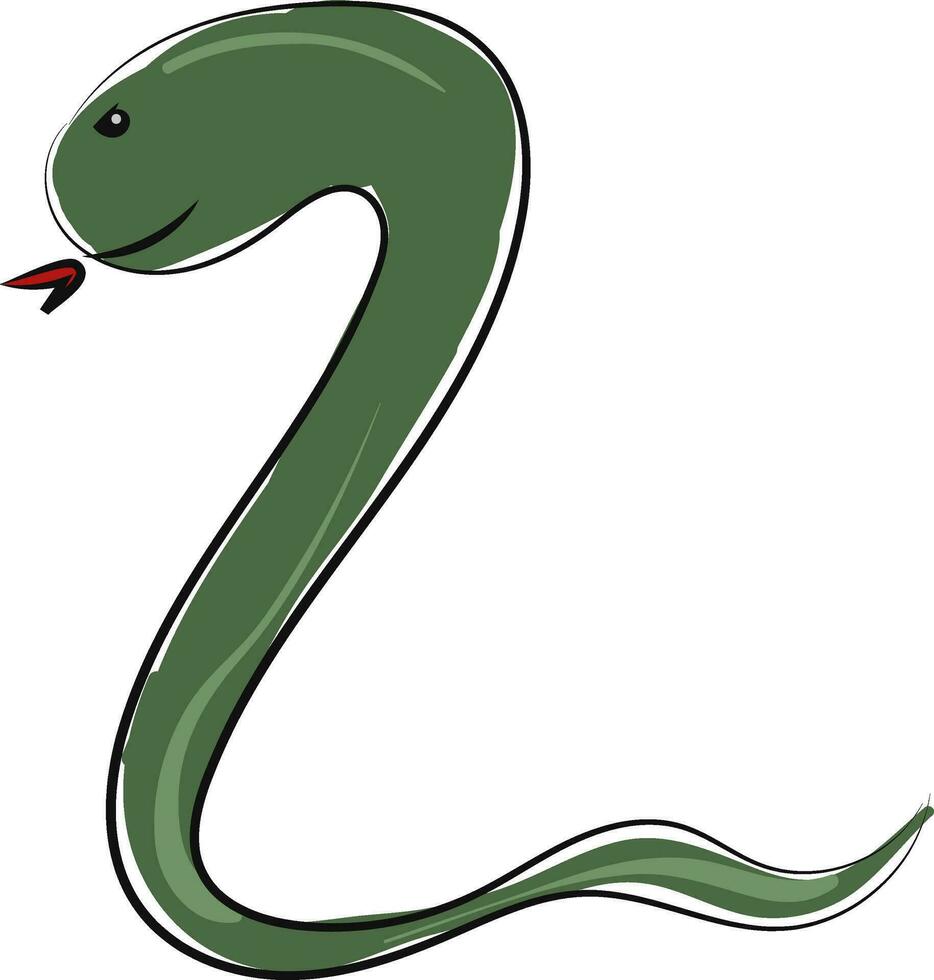 tekenfilm opgerold zwart slang met een gevorkt opgerold met tong slang, vector of kleur illustratie.
