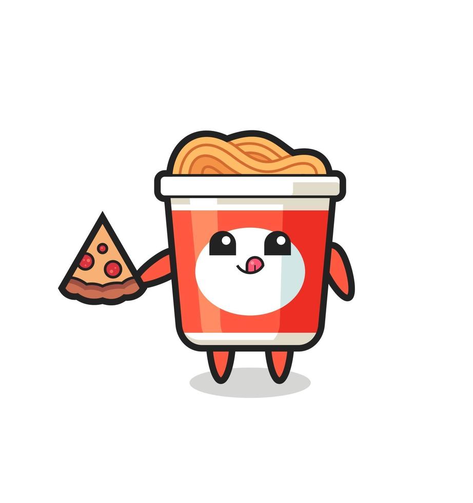 schattige instant noodle-cartoon die pizza eet vector
