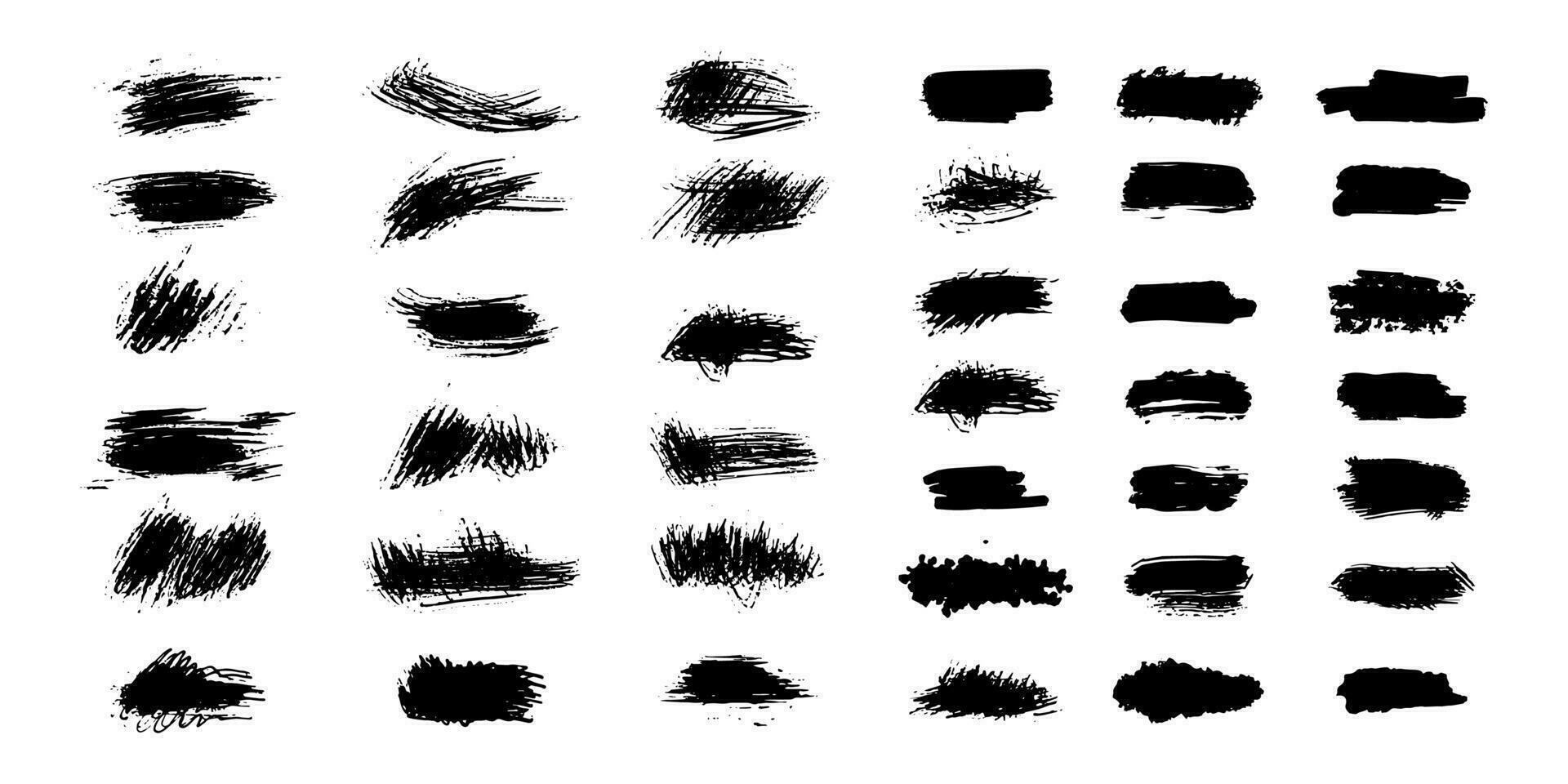 grunge zwart borstel slagen, verf rol elementen. reeks van hand- getrokken vector inkt plons elementen.