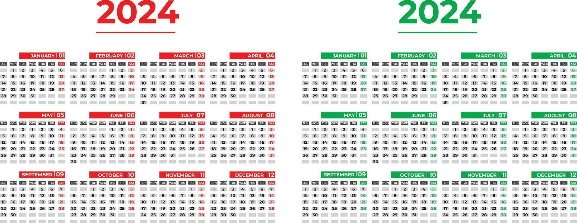 kalender 2024 week begint zondag zakelijke kalender ontwerp ontwerper sjabloon. met 2 kleur variaties. vector