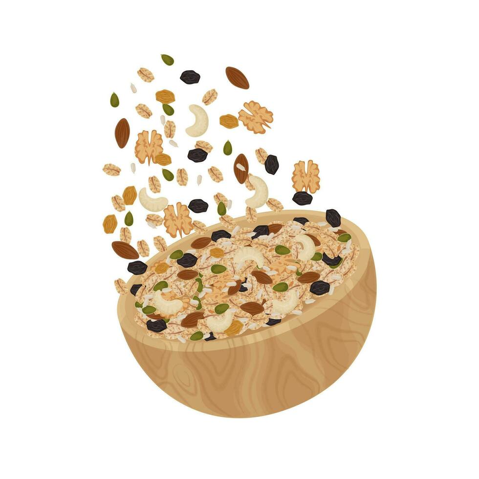 muesli levitatie illustratie logo in een houten mok vector