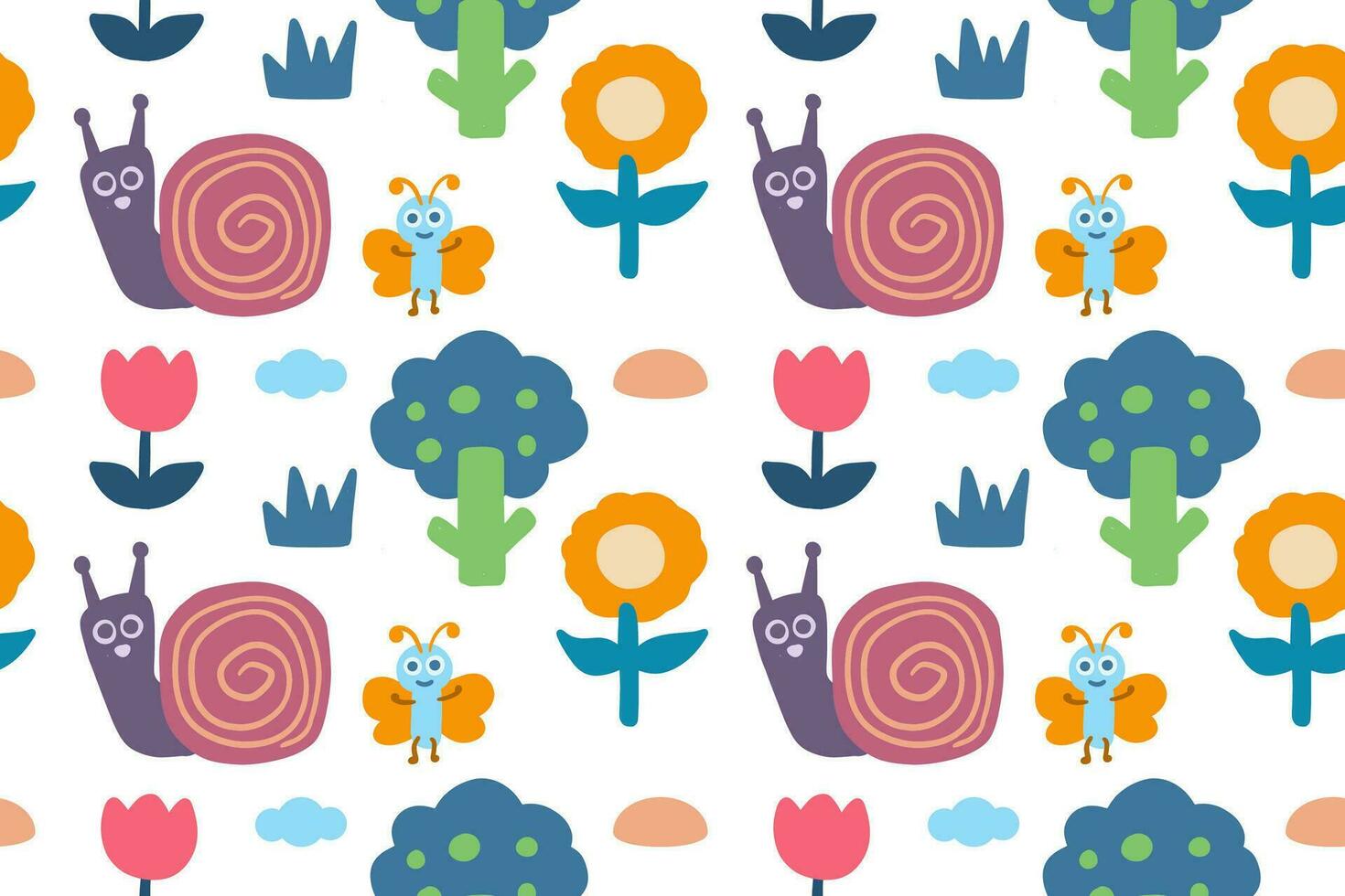 hand- getrokken schattig weinig slak met beestje, bloemen en andere natuurlijk voorwerpen tekenfilm illustratie naadloos patroon vector