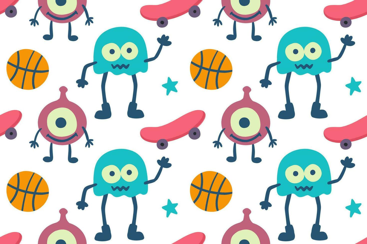 hand- getrokken grappig weinig monsters met skateboard en basketbal tekenfilm illustratie naadloos patroon vector