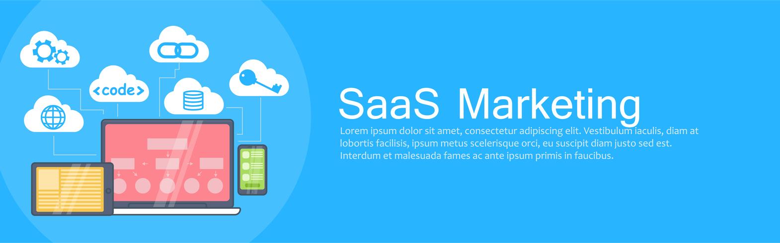 SaaS-marketingbanner. Laptop, tablet en telefoon, cloudopslag met pictogrammen. Vector vlakke afbeelding
