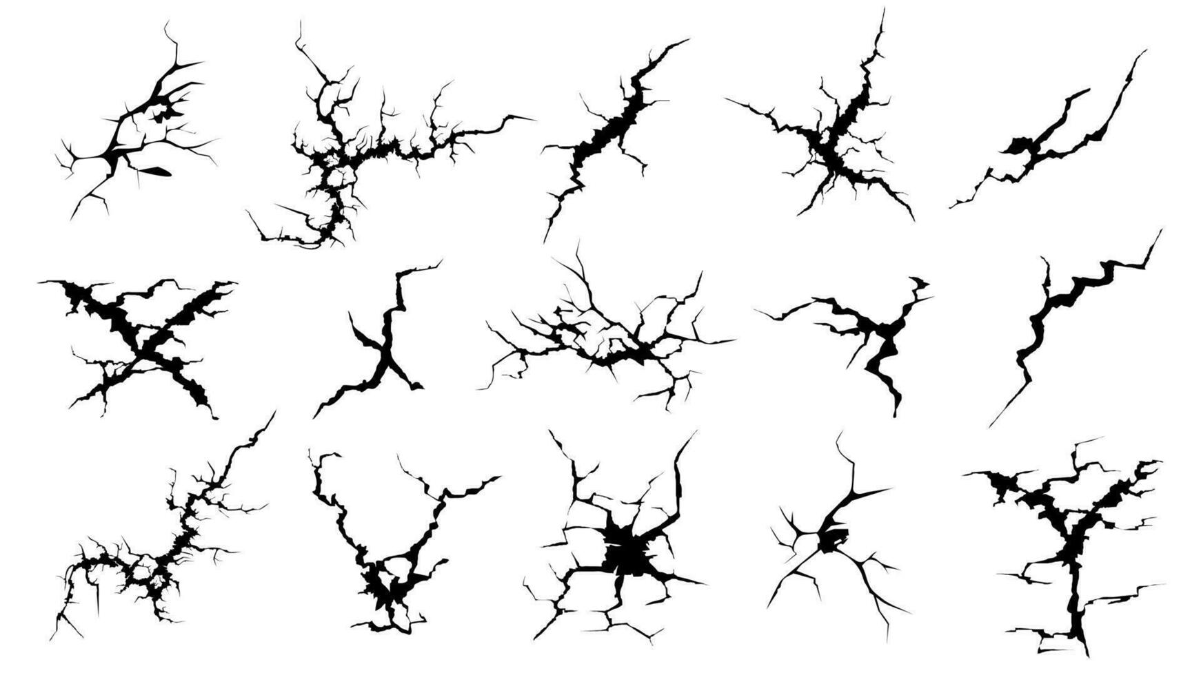 scheuren silhouetten. hand- getrokken gebarsten scherm glas, beschadigd oppervlakte en ei oppervlakte zwart barst vector reeks