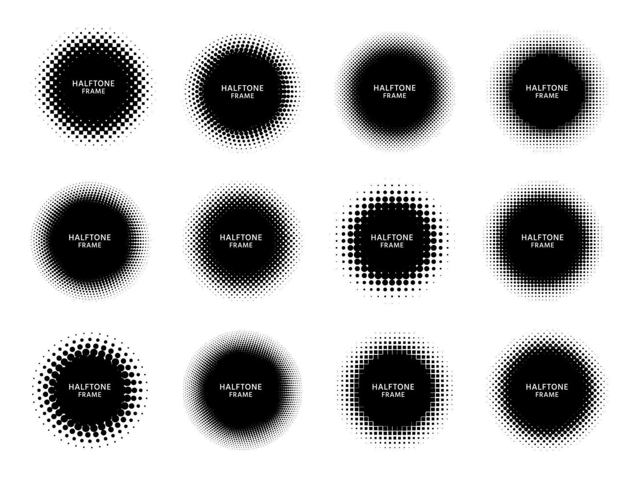 ronde halftone vorm kozijnen. zwart cirkels met stippel textuur, dots helling en cirkel vormen etiket kader vector reeks