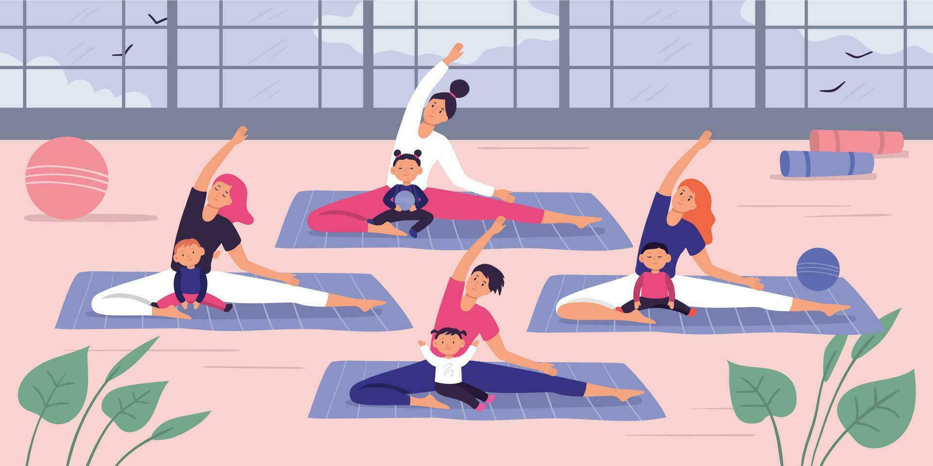 moeders met kinderen yoga groep. vector illustratie