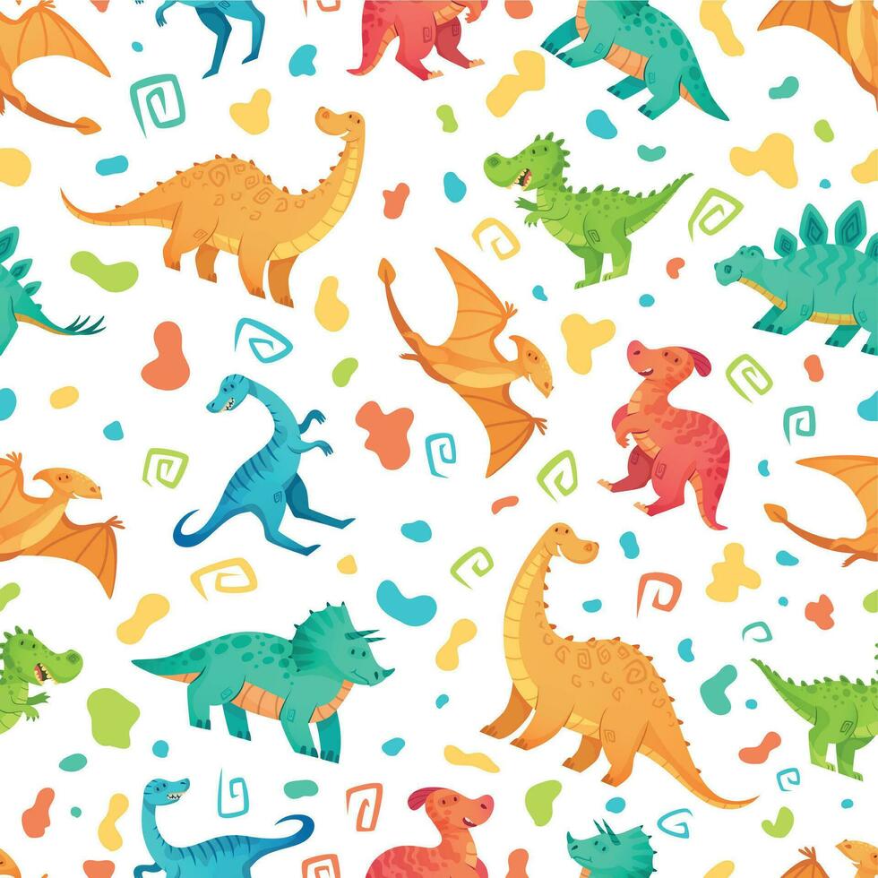 tekenfilm dino naadloos patroon. schattig triceratopen, brontosaurus en bandx. kleur dinosaurussen vector illustratie reeks