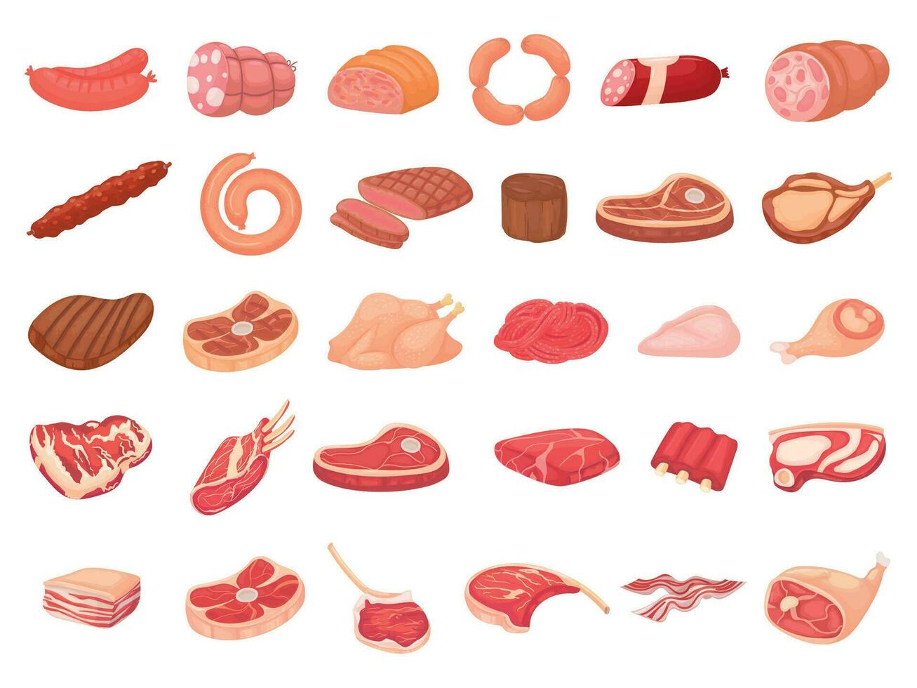 tekenfilm vlees producten. kip, worstjes en worstjes. steaks, varkensvlees spek en ribben vector reeks