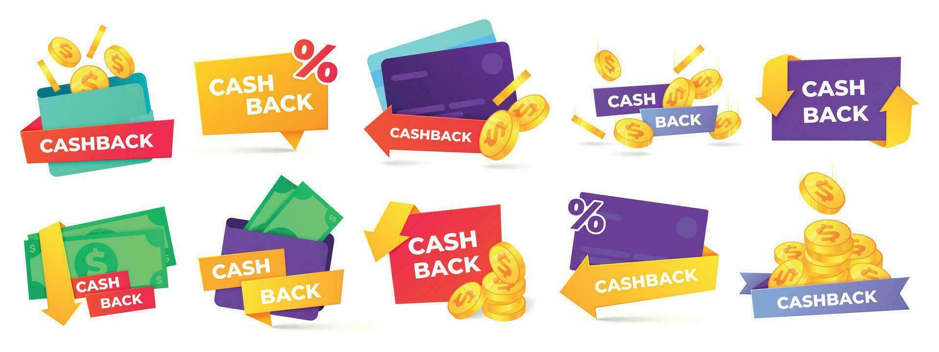 cashback label. geld terugbetaling insignes, contant geld terug transactie en terugkeer munten van aankopen vector etiketten reeks